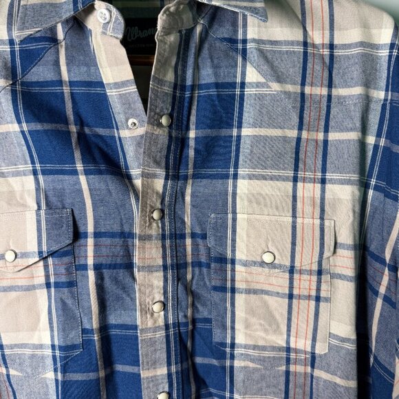 Wrangler Men's Long Sleeve Pearl Snap Blue & Cream Plaid Shirt 18 1/2 x 36 - Picture 11 of 11